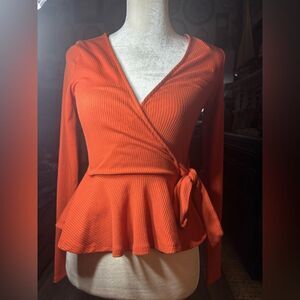 Forever 21 Vneck Faux Wrap Ribbed Shirt Long Sleeves Size Small EPC